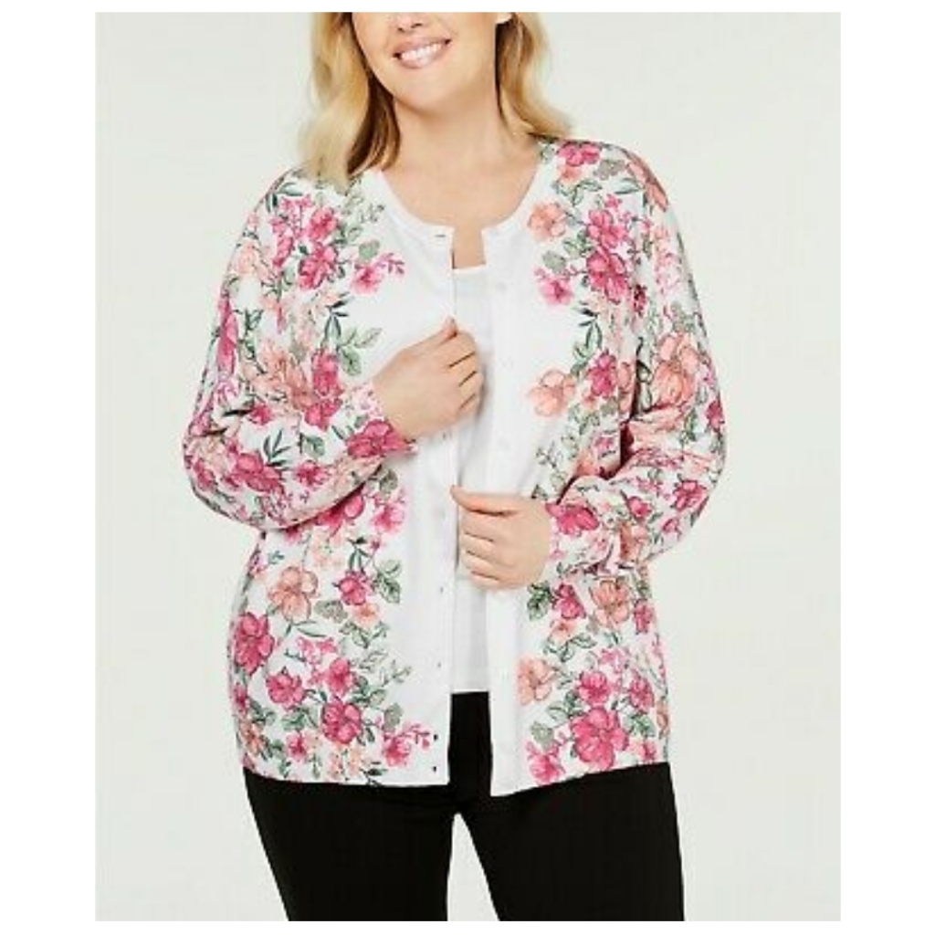 Karen Scott Womens Plus White Knit Floral Cardigan